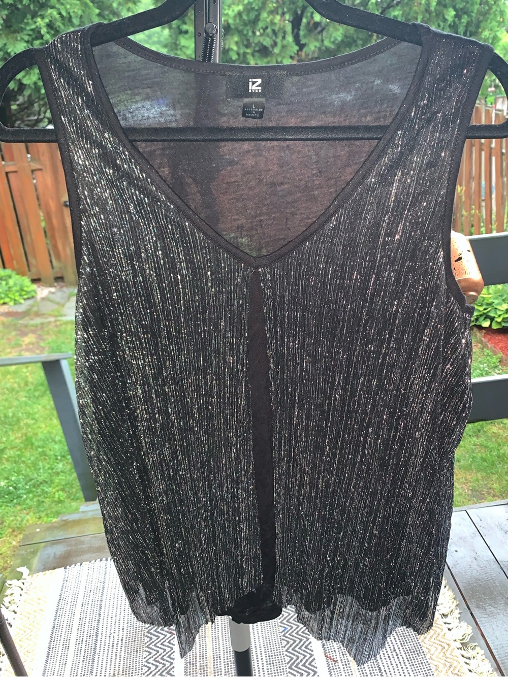 Iz Byer Black Metallic Sheer Sleeveless V-Neck Top